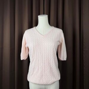 Specialty Collection Womens Pink Cable Knit V-Neck Short Sleeve Sweater Size M